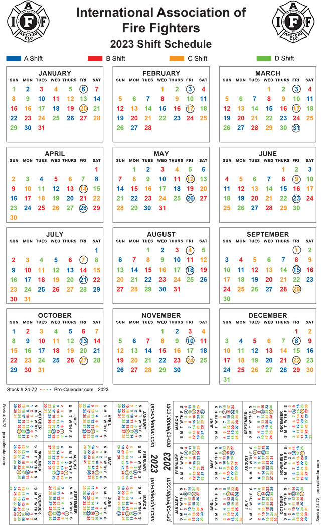Pro-Calendar's 3-in-1 2023 Calendar Example for Firefighter Shift Schedules and Pay Dates