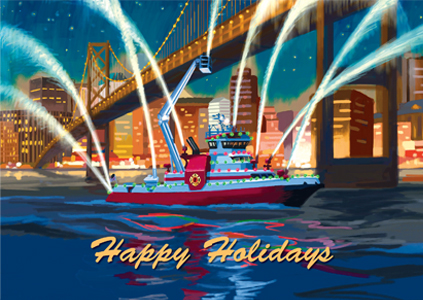 Pro-Calendar's holiday card design with Happy Holidays text and fire fighting boat