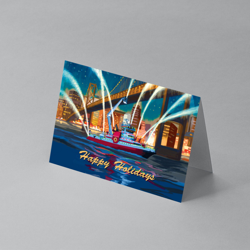 Card mockup on a white surface Happy Holidays text and fire fighting boat with light shooting out like water from several spots