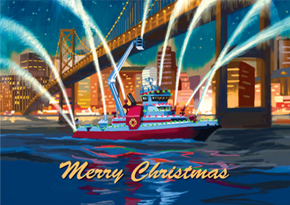 Pro-Calendar's holiday card design with Merry Christmas text and fire fighting boat